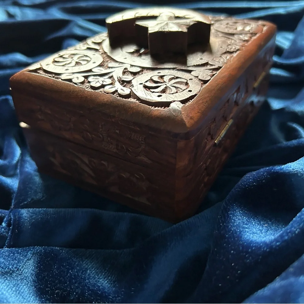 Handcarved Wooden Box with Star and‎ Moon Relief Design